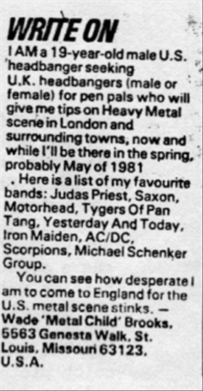 Wade Metal Child Brooks pen-pal letter published in Sounds magazine before his 1981 England trip